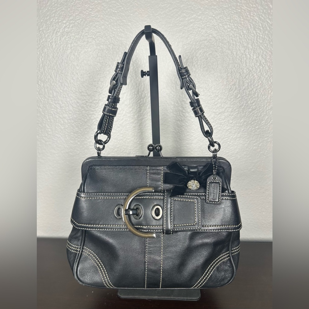 Vintage 90s Coach 8A12 SMALL Soho B Leather Kisslock Tote w/Bow Handbag Purse